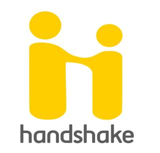 The Handshake logo. Two yellow stick figures shaking hands.
